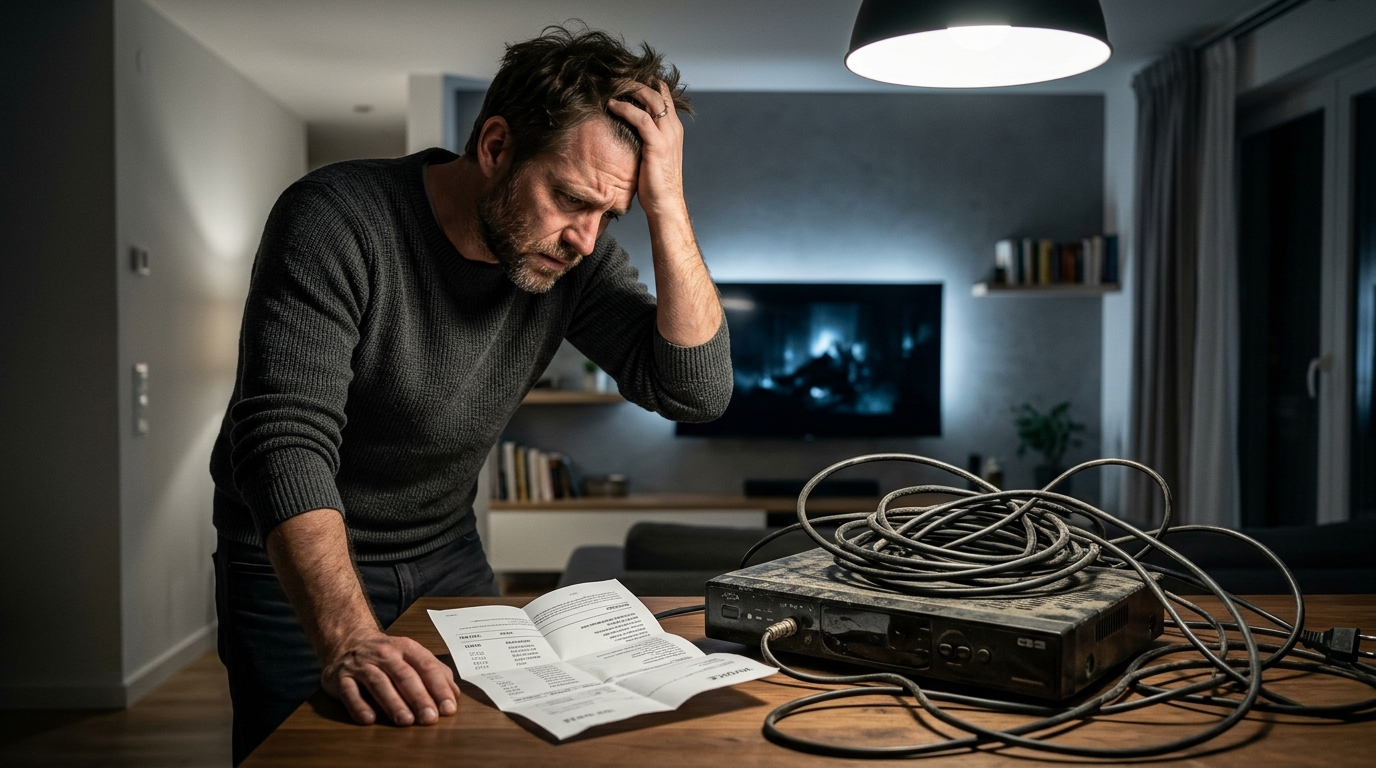 Frustrated homeowner reviewing an inflated cable TV bill next to old coaxial equipment