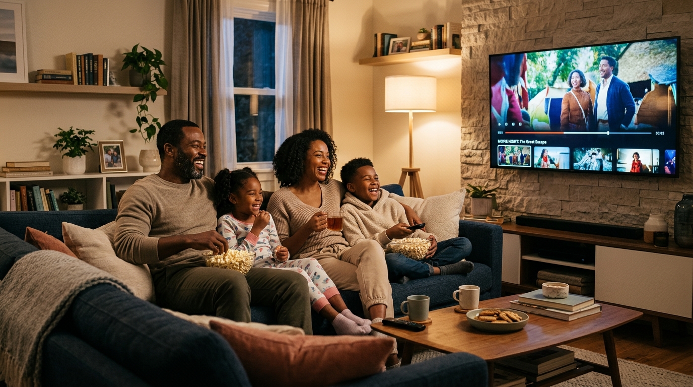 Happy family in modern living room watching live television together on 4K OLED TV