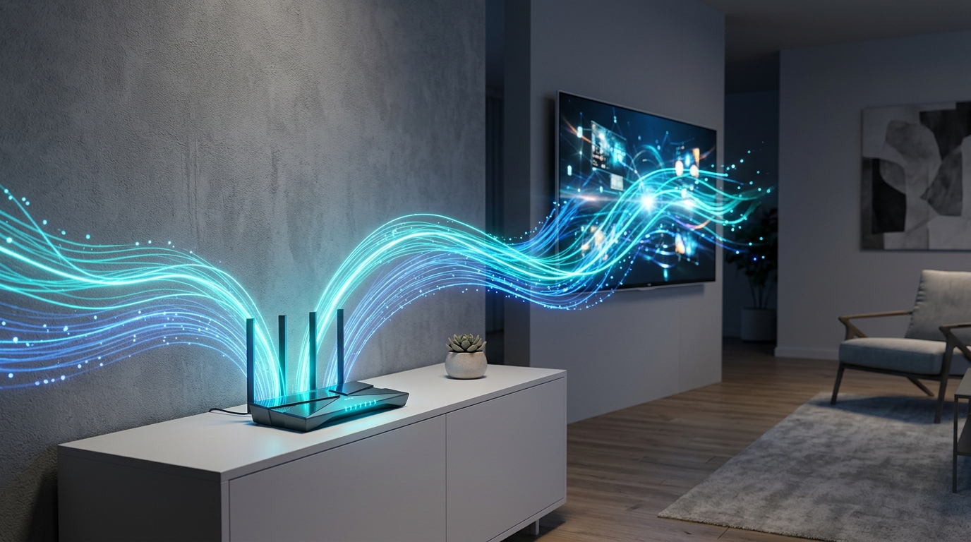 High-speed Wi-Fi 6 wireless router transmitting buffer-free data waves for 4K streaming