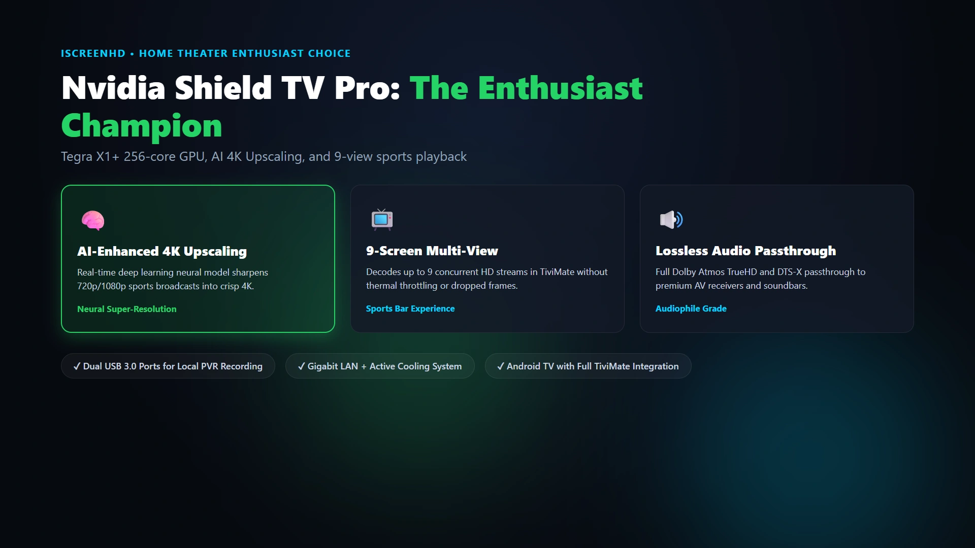 Nvidia Shield TV Pro console with AI 4K upscaling and 9-view sports monitoring
