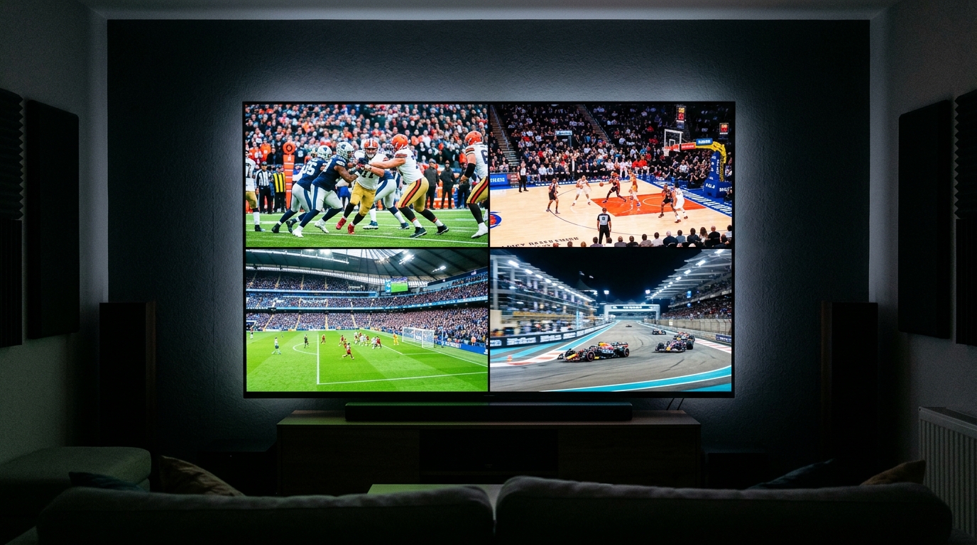 Four-screen quad-view sports split screen displaying concurrent football and basketball matches