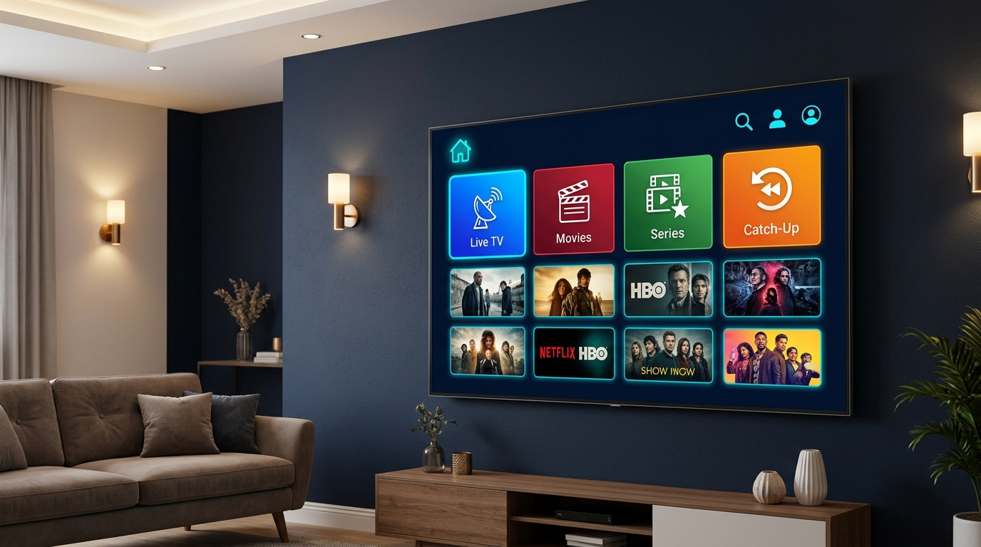 IPTV Smarters Pro modern tile-based media portal dashboard with Live TV, Movies, and Series